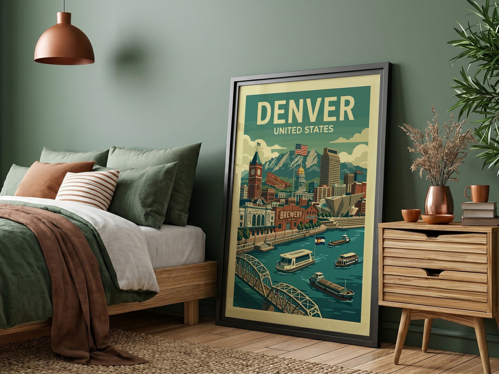 Retro Denver travel poster featuring cityscape, mountains, and river in a vintage illustration style.
