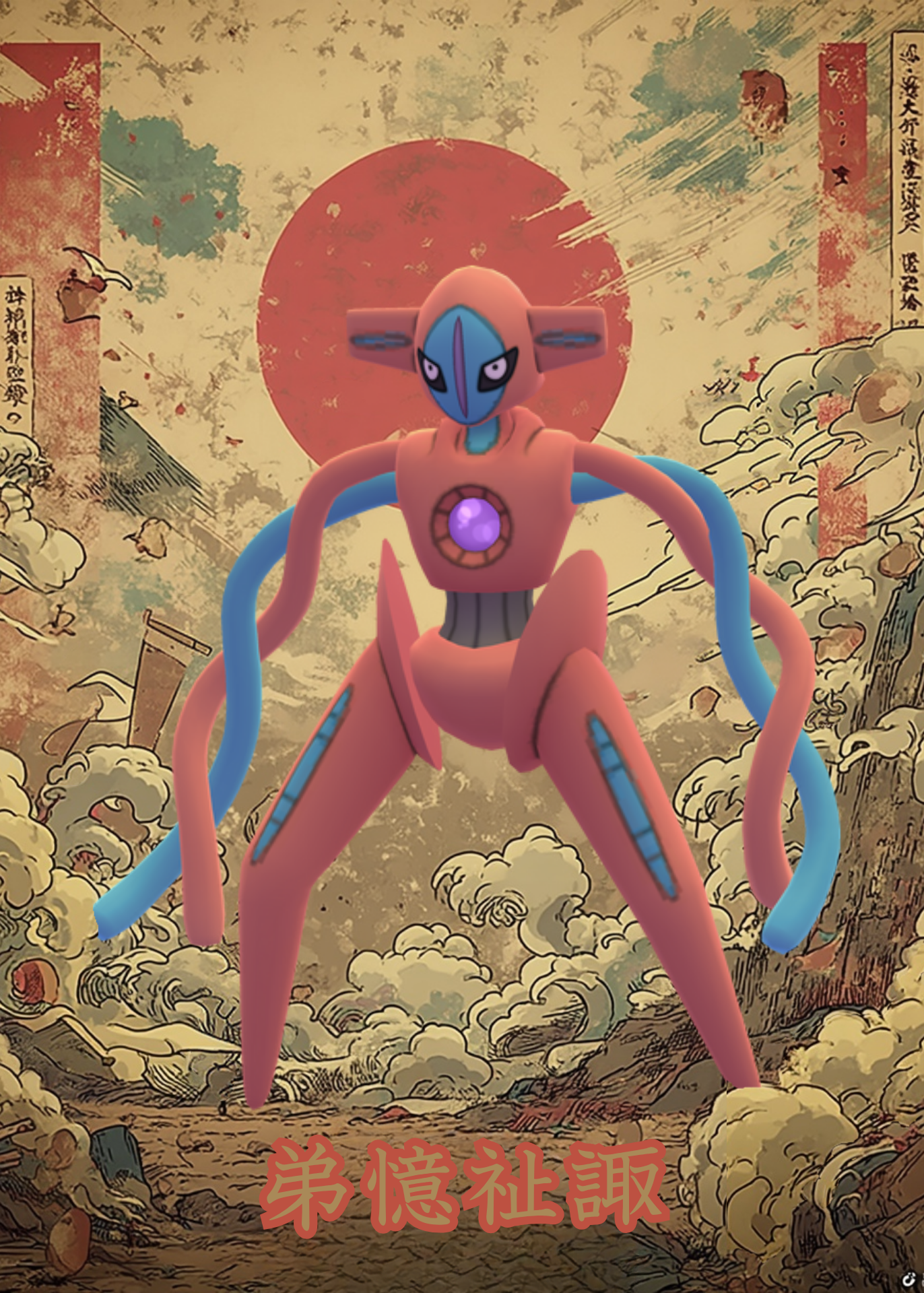 Deoxys Pokemon character with pink and blue design against a stylized background