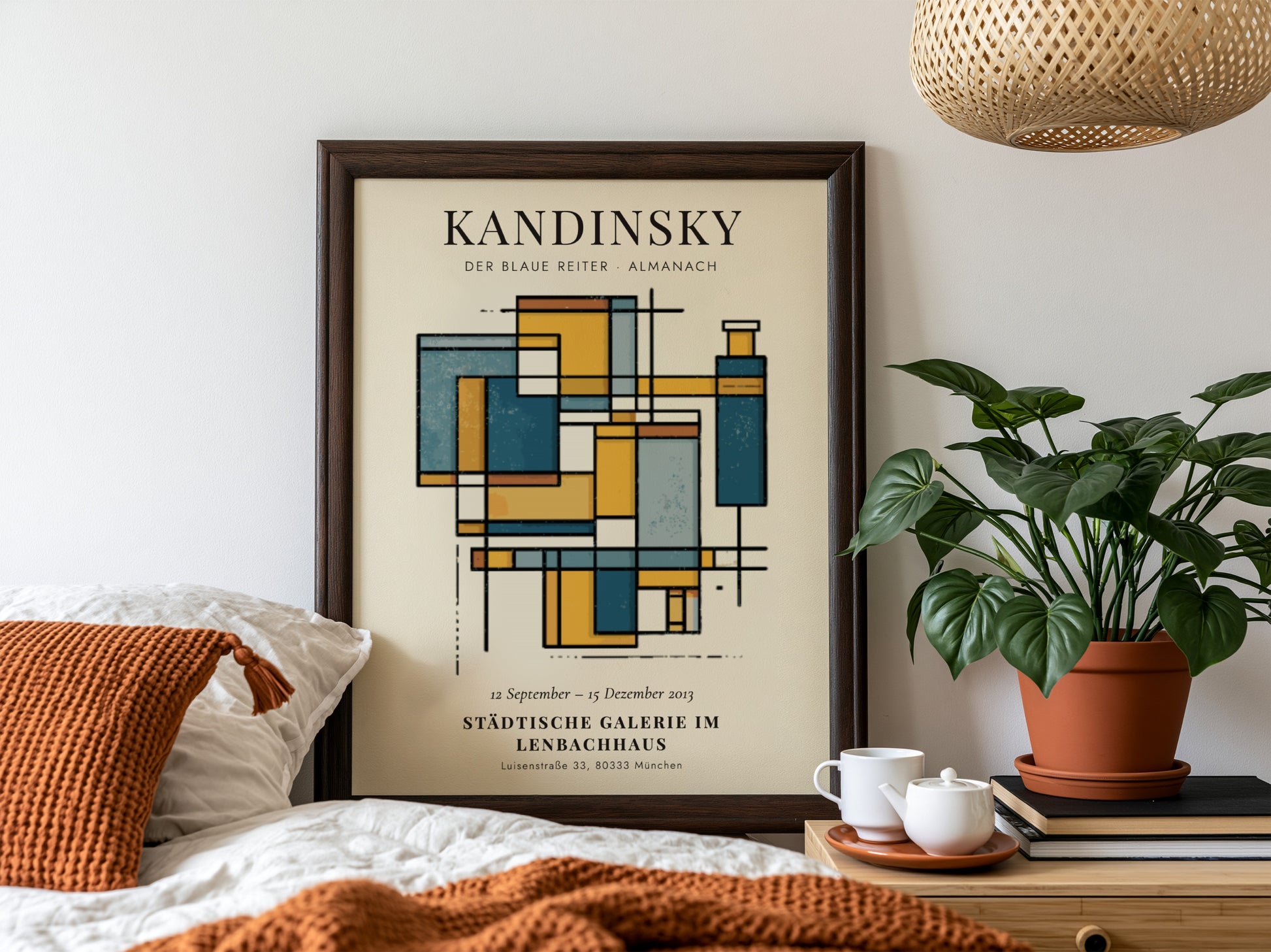 Kandinsky inspired poster featuring abstract shapes in blue and yellow tones for wall decor