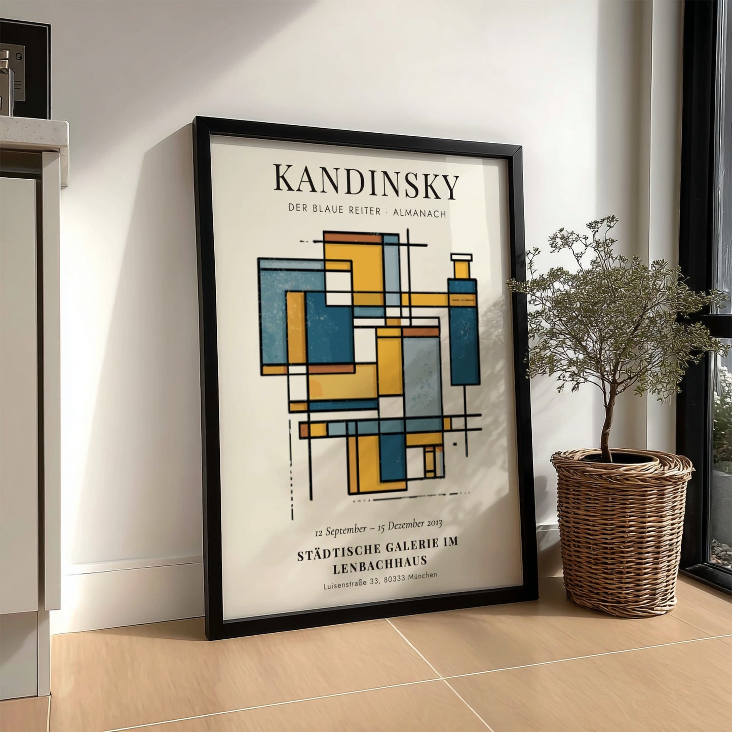Kandinsky inspired poster featuring abstract shapes in blue and yellow tones for wall decor