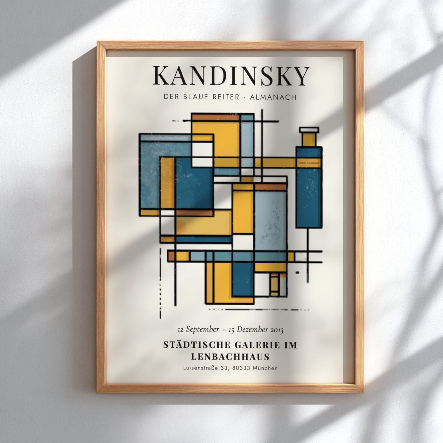 Kandinsky inspired poster featuring abstract shapes in blue and yellow tones for wall decor