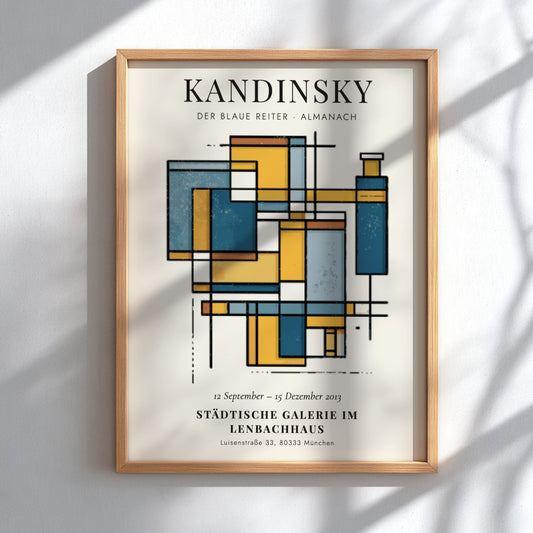 Kandinsky inspired poster featuring abstract shapes in blue and yellow tones for wall decor