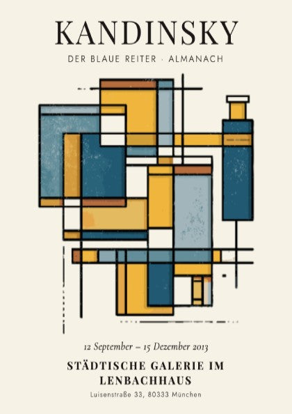 Kandinsky inspired poster featuring abstract shapes in blue and yellow tones for wall decor