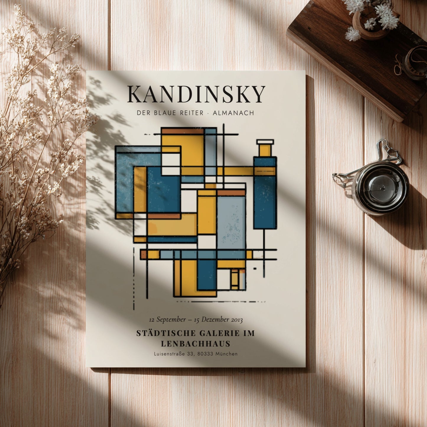 Kandinsky inspired poster featuring abstract shapes in blue and yellow tones for wall decor