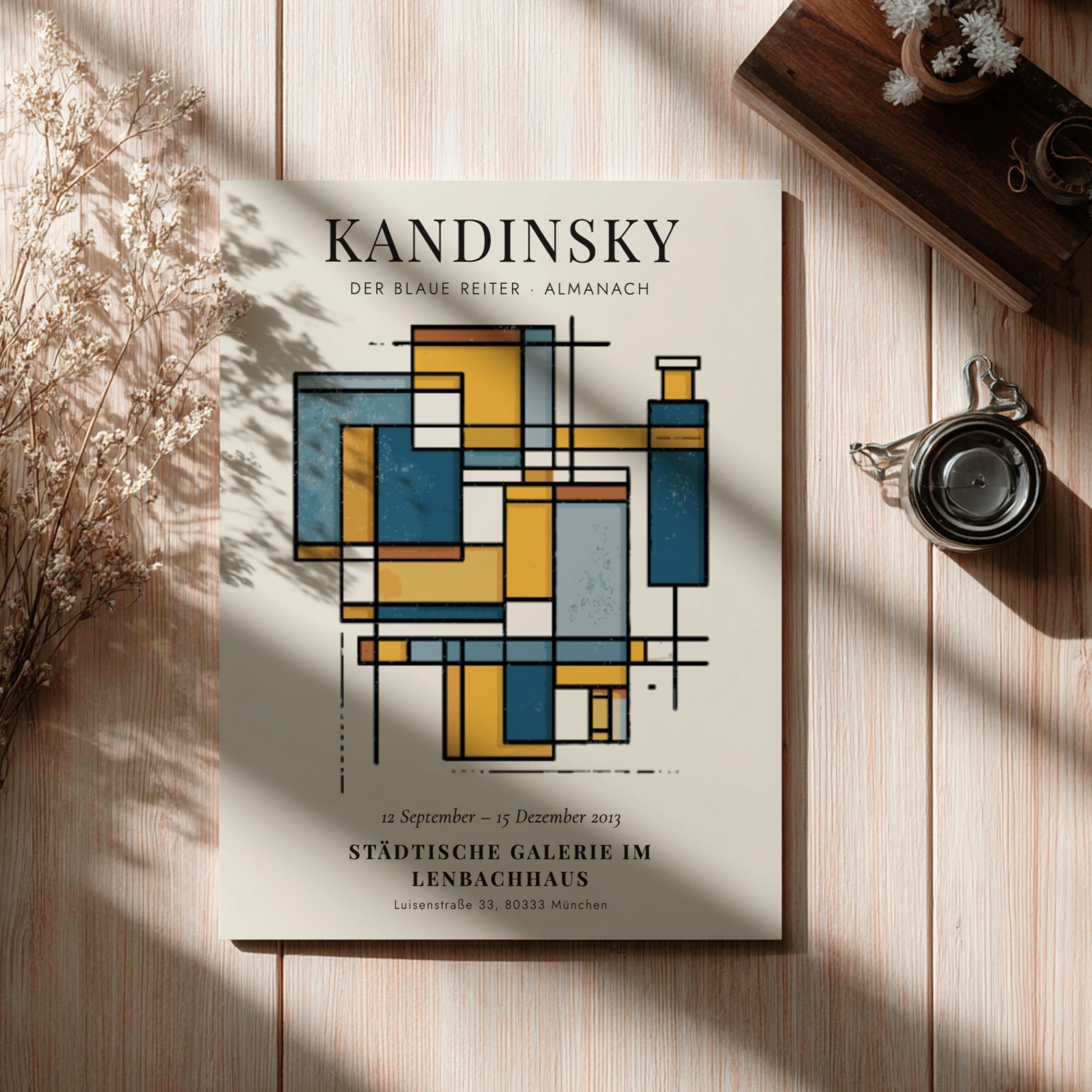 Kandinsky inspired poster featuring abstract shapes in blue and yellow tones for wall decor