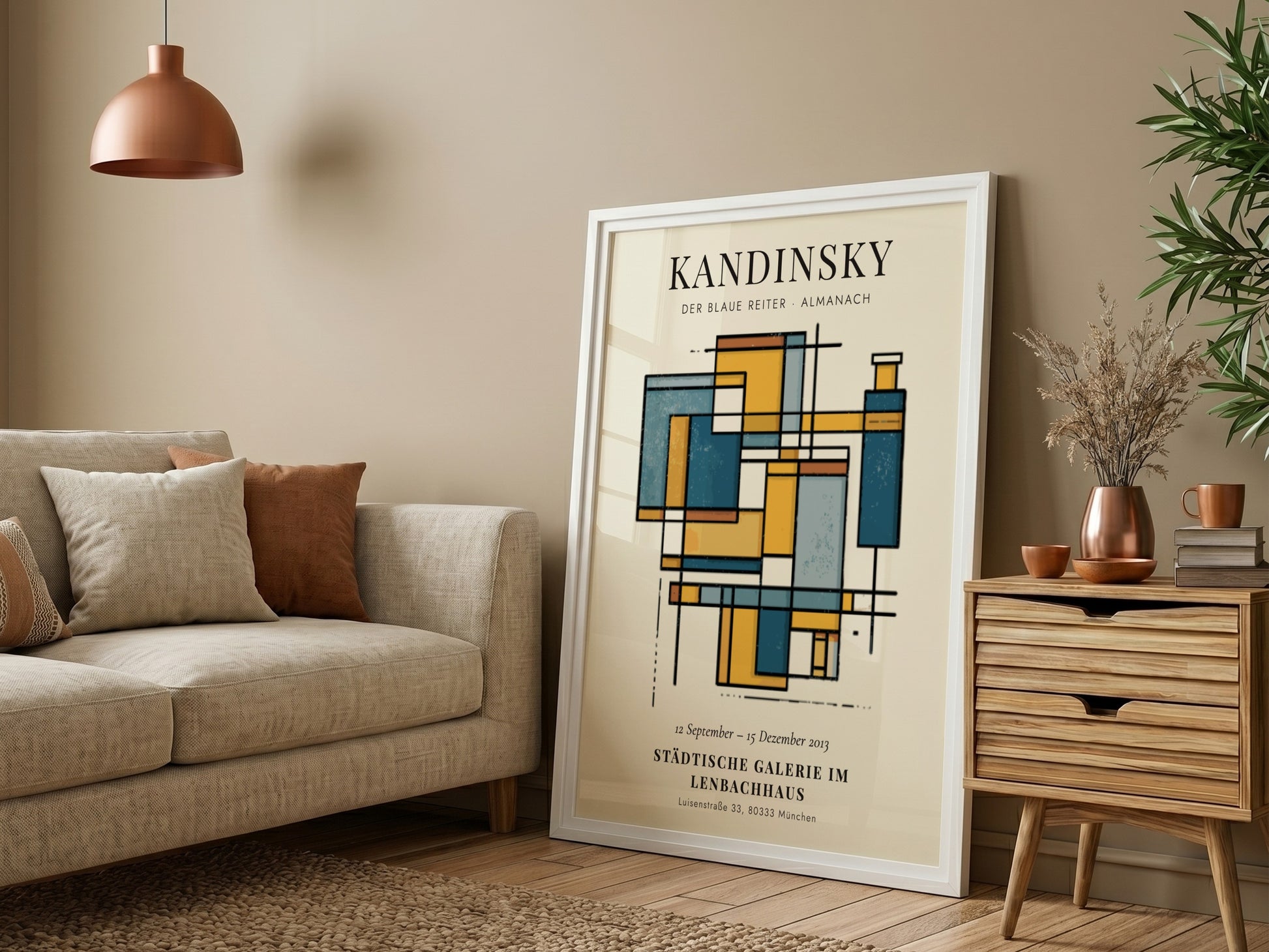 Kandinsky inspired poster featuring abstract shapes in blue and yellow tones for wall decor