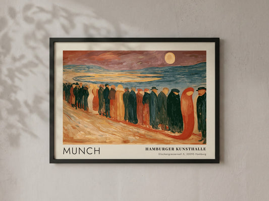 Munch Hamburger Kunsthalle exhibition poster featuring a somber procession of figures on beach