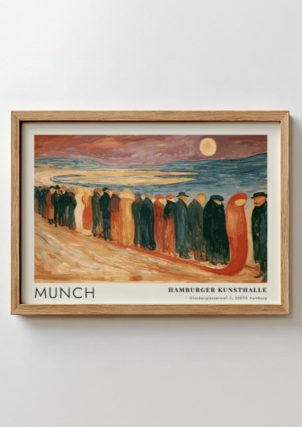 Munch Hamburger Kunsthalle exhibition poster featuring a somber procession of figures on beach
