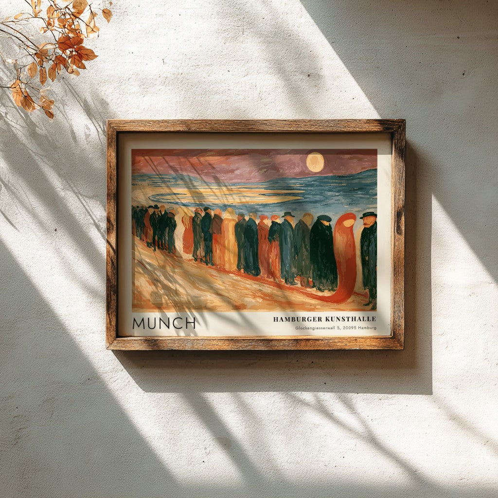 Munch Hamburger Kunsthalle exhibition poster featuring a somber procession of figures on beach