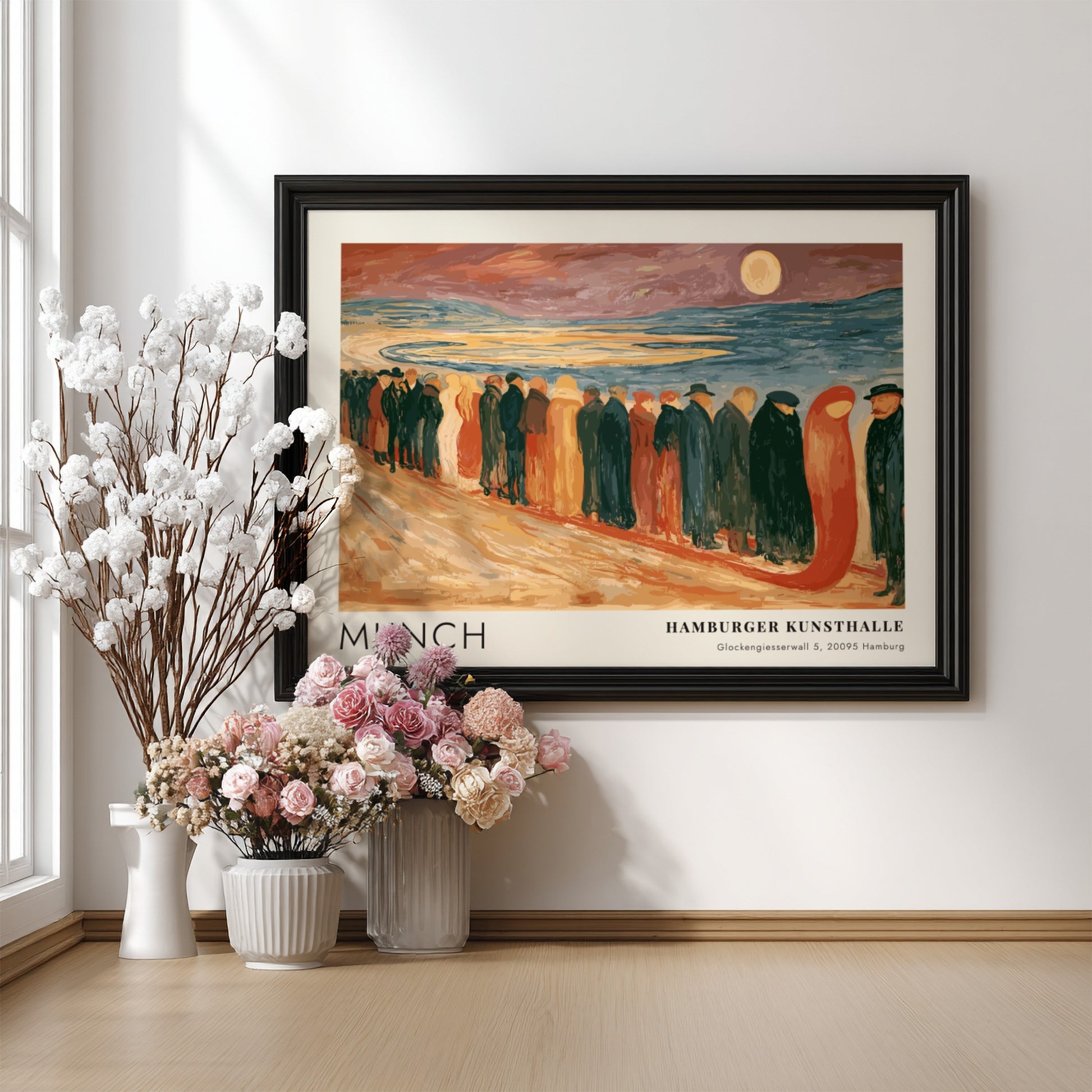 Munch Hamburger Kunsthalle exhibition poster featuring a somber procession of figures on beach