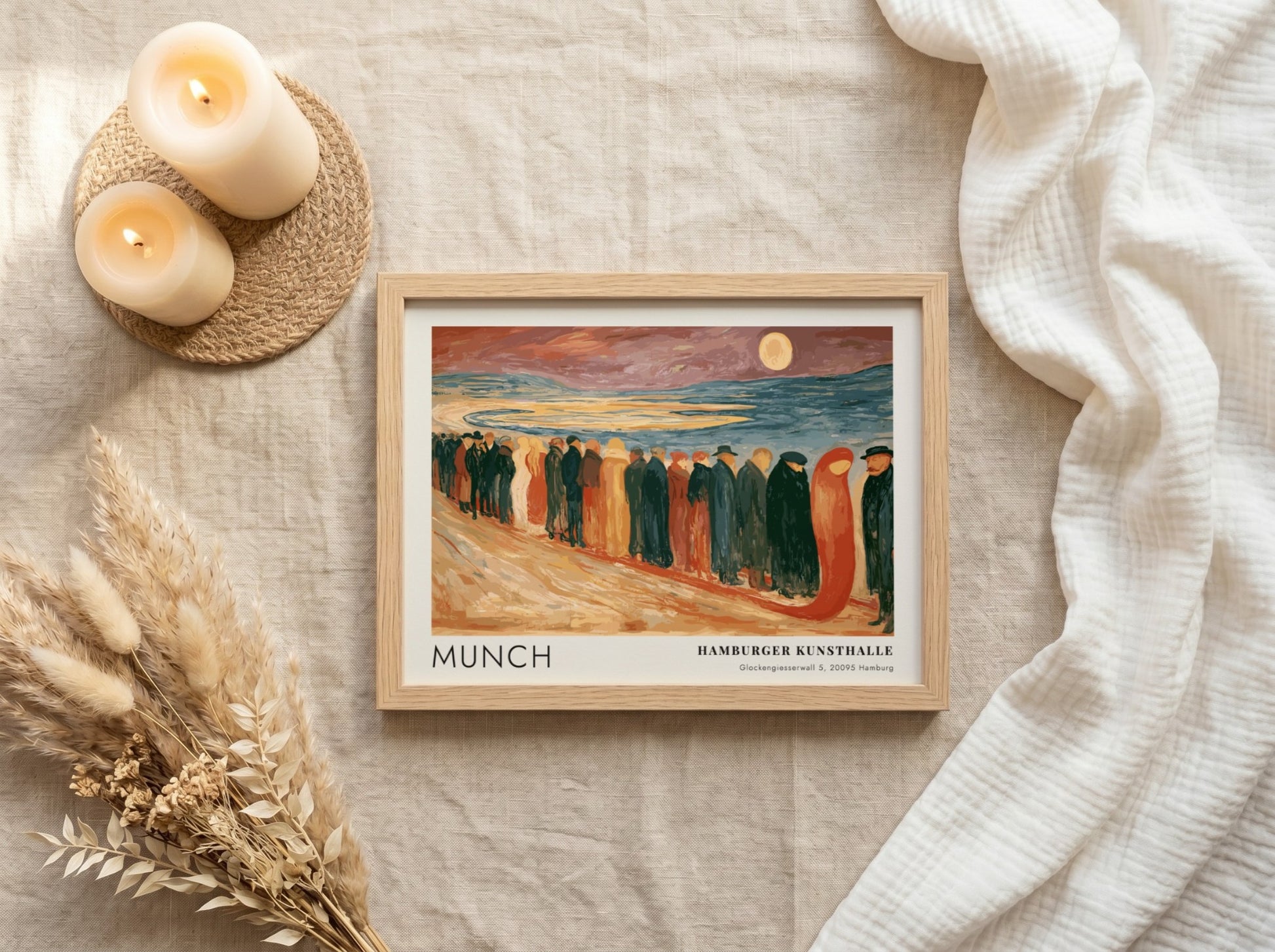 Munch Hamburger Kunsthalle exhibition poster featuring a somber procession of figures on beach