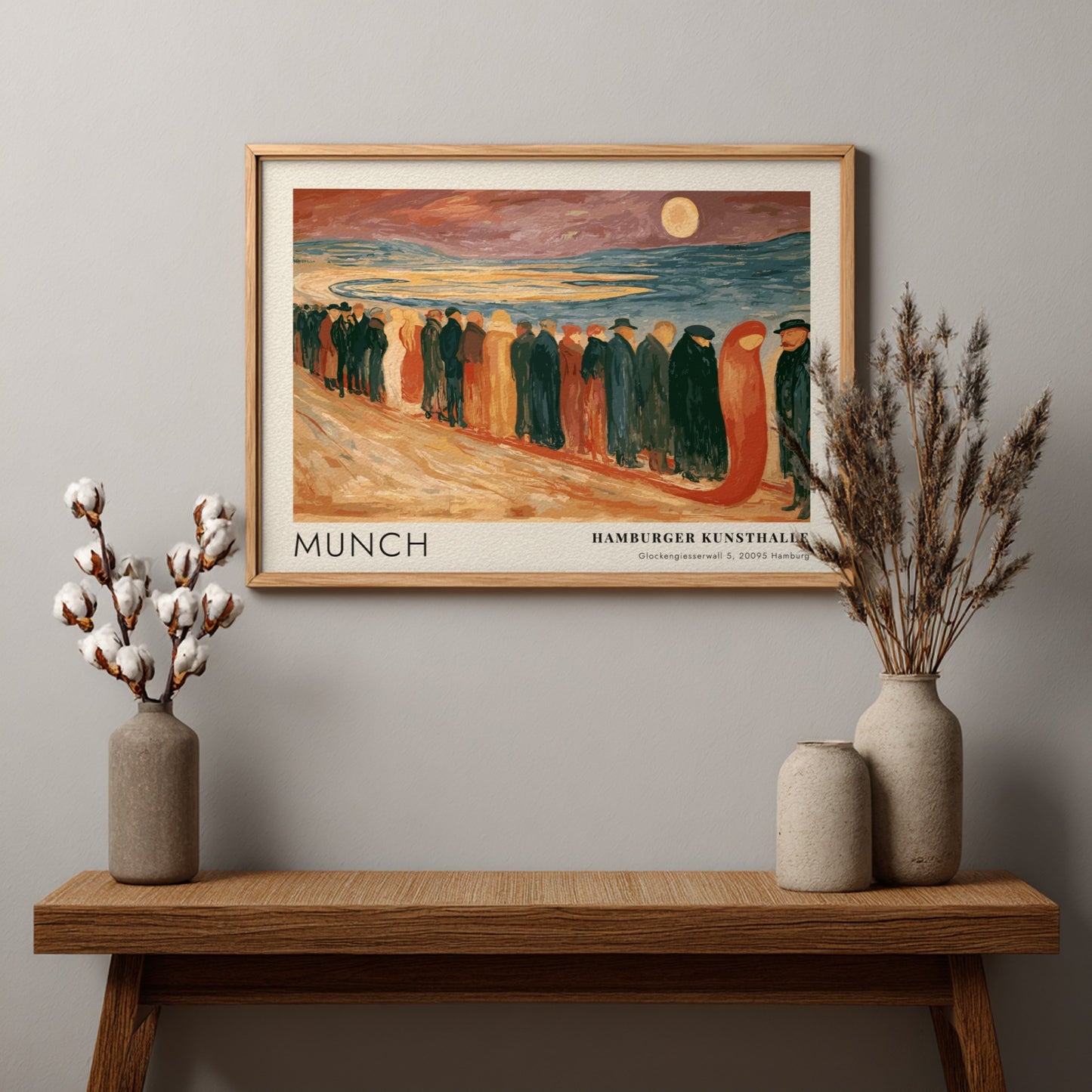 Munch Hamburger Kunsthalle exhibition poster featuring a somber procession of figures on beach