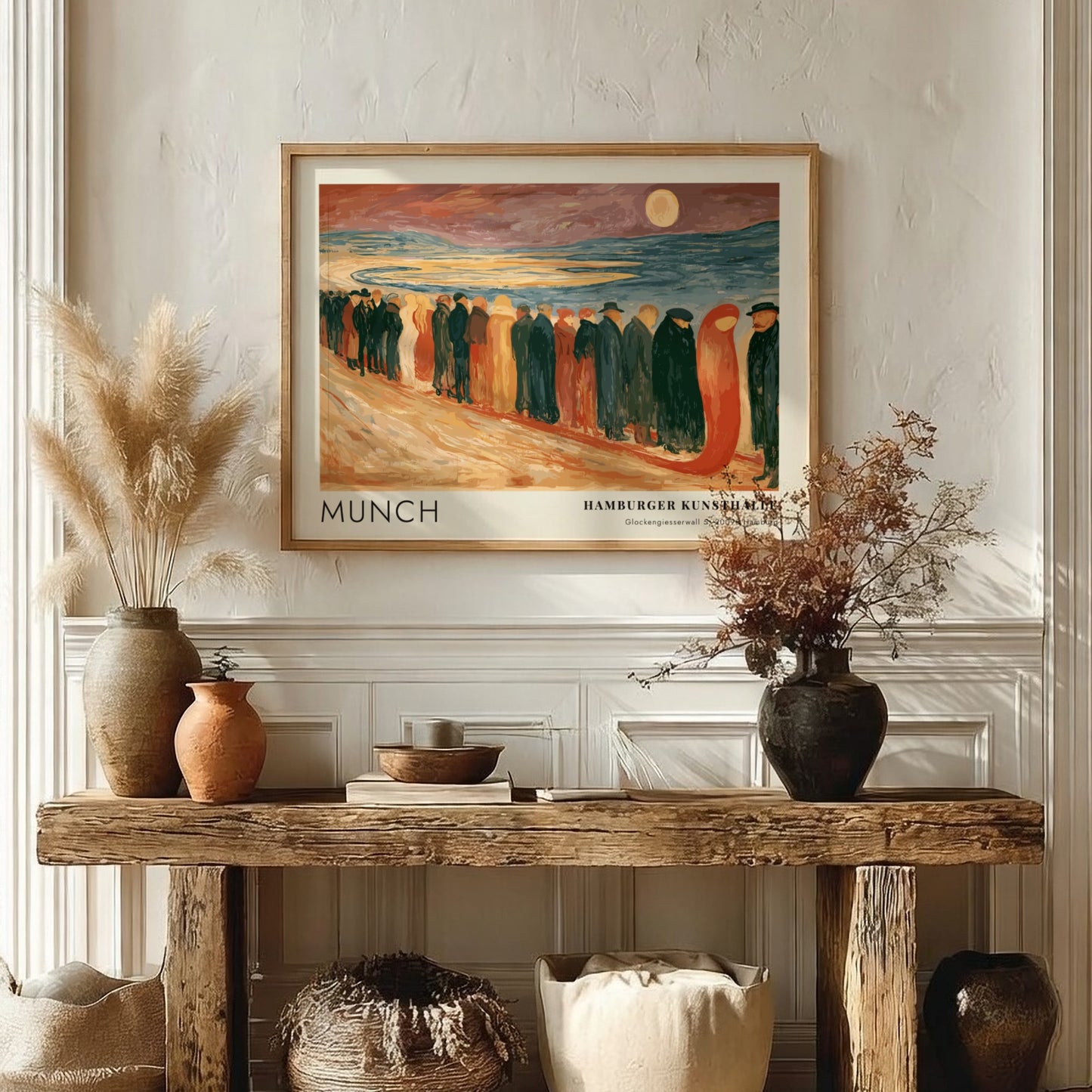 Munch Hamburger Kunsthalle exhibition poster featuring a somber procession of figures on beach