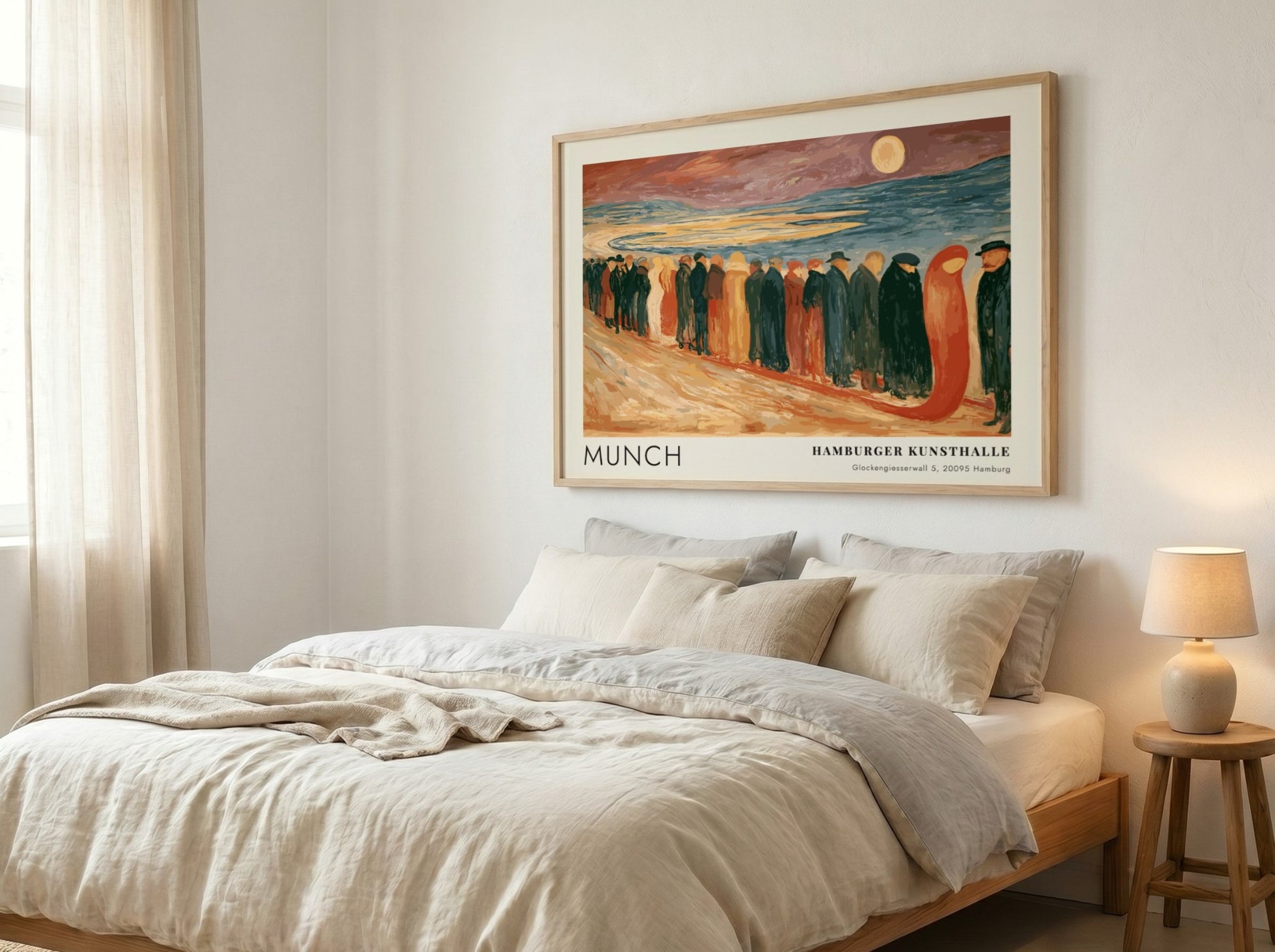 Munch Hamburger Kunsthalle exhibition poster featuring a somber procession of figures on beach