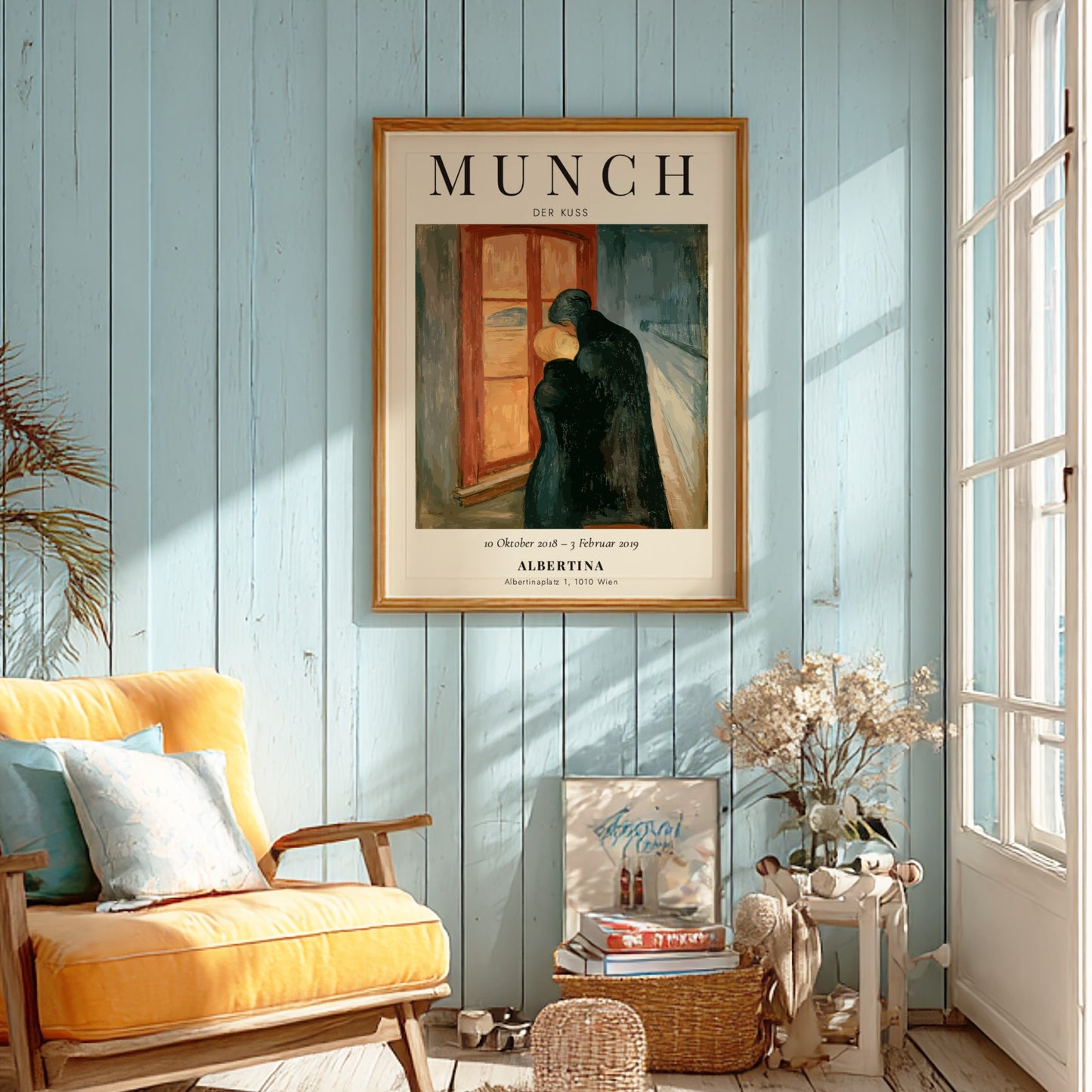 Edvard Munch poster featuring Der Kuss with warm colors and emotional figures
