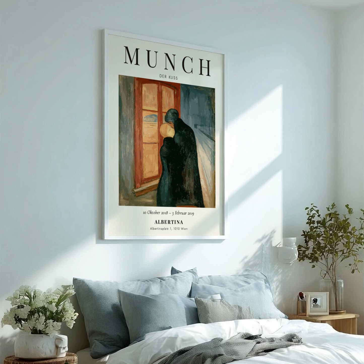 Edvard Munch poster featuring Der Kuss with warm colors and emotional figures