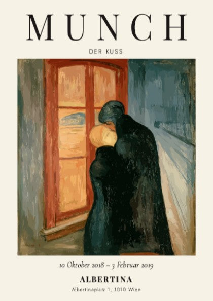 Edvard Munch poster featuring Der Kuss with warm colors and emotional figures