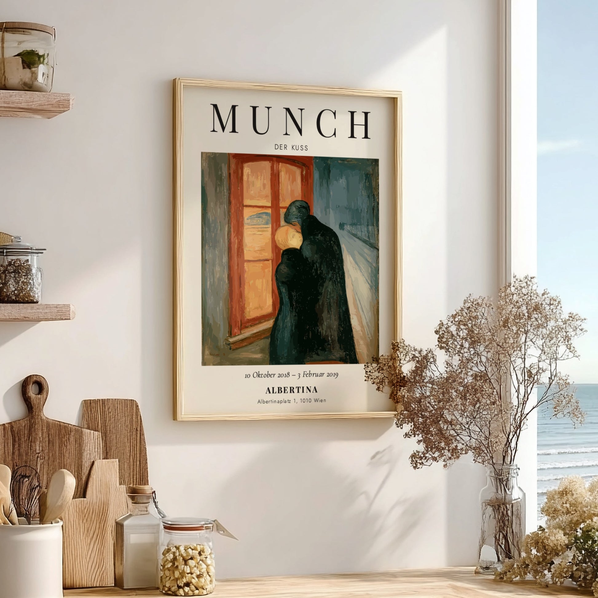 Edvard Munch poster featuring Der Kuss with warm colors and emotional figures