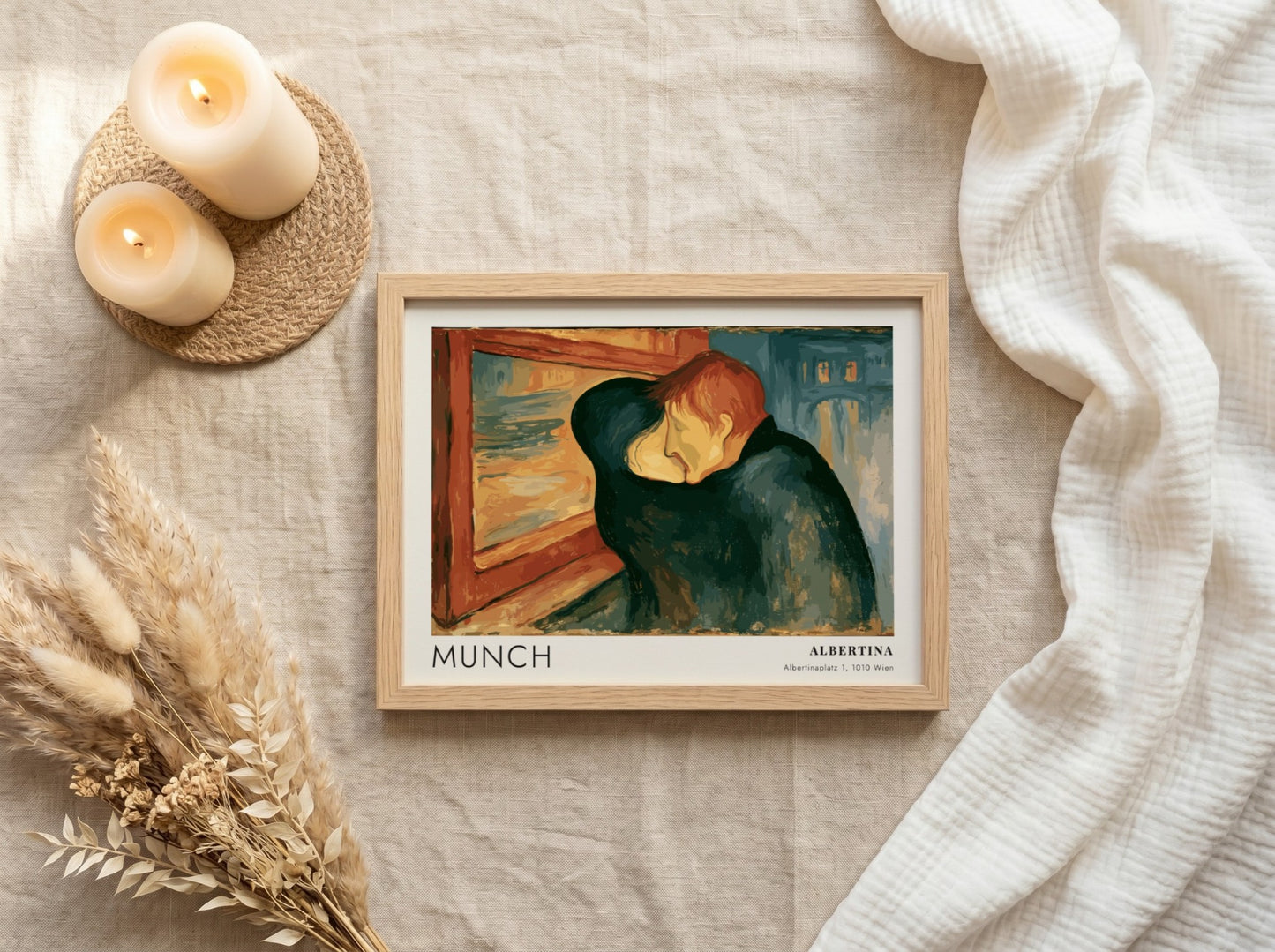 Exhibition poster featuring Edvard Munch's The Kiss in a wooden frame on wall
