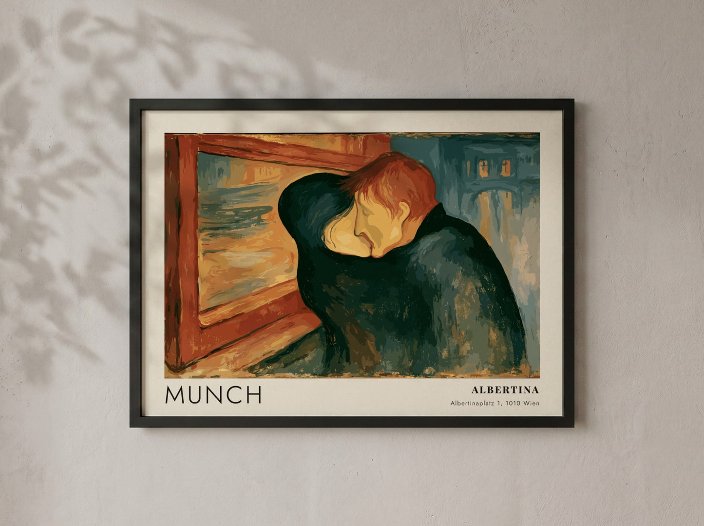 Exhibition poster featuring Edvard Munch's The Kiss in a wooden frame on wall
