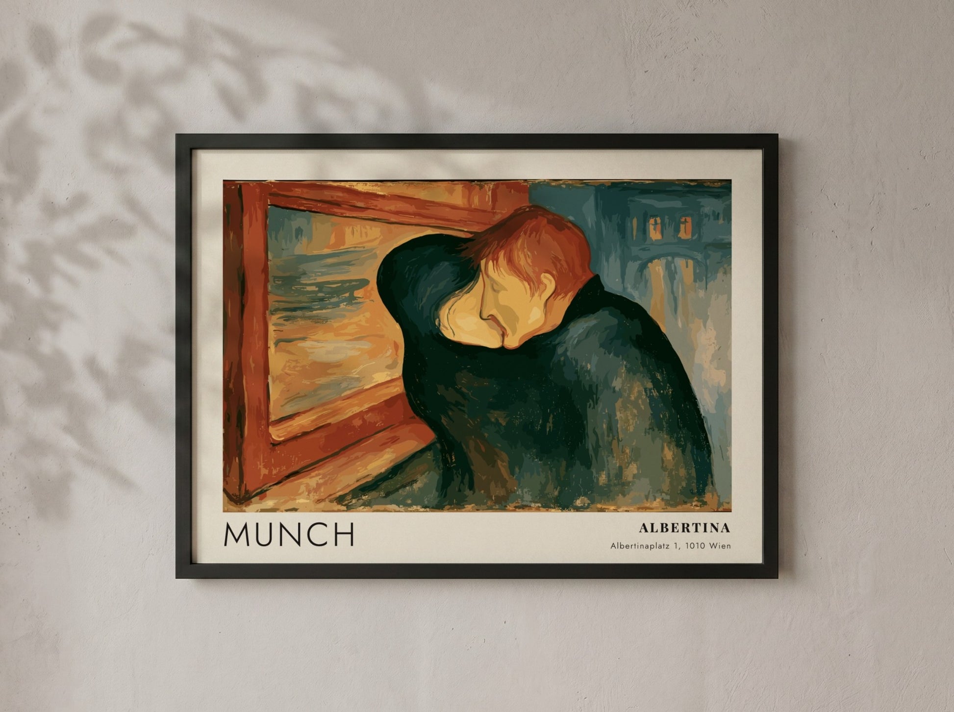 Exhibition poster featuring Edvard Munch's The Kiss in a wooden frame on wall