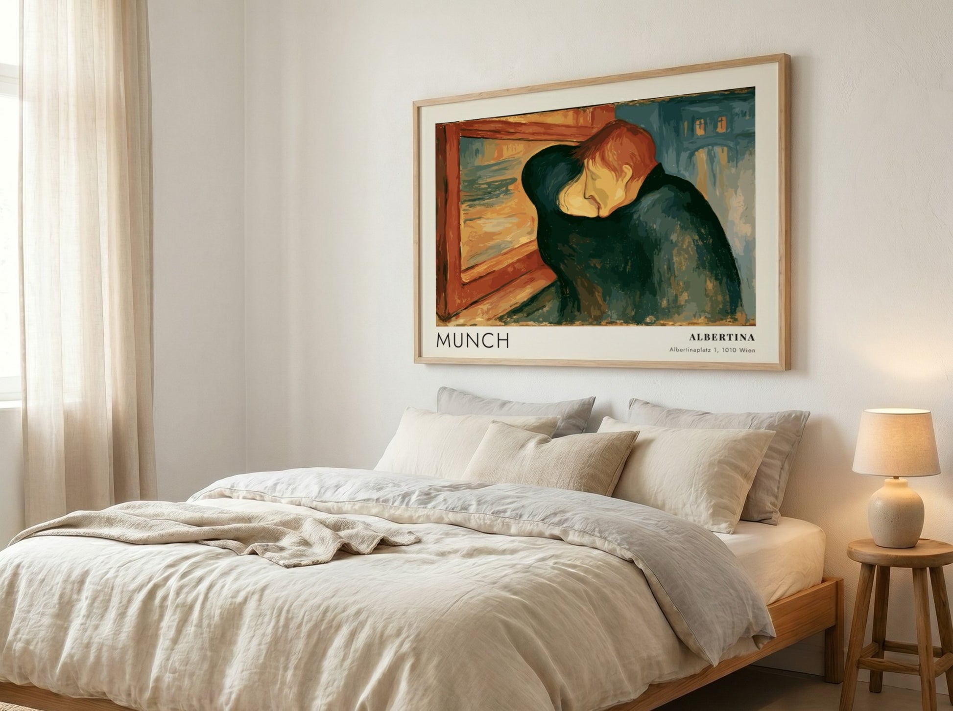 Exhibition poster featuring Edvard Munch's The Kiss in a wooden frame on wall