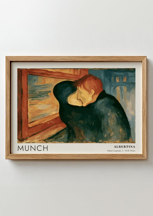 Exhibition poster featuring Edvard Munch's The Kiss in a wooden frame on wall
