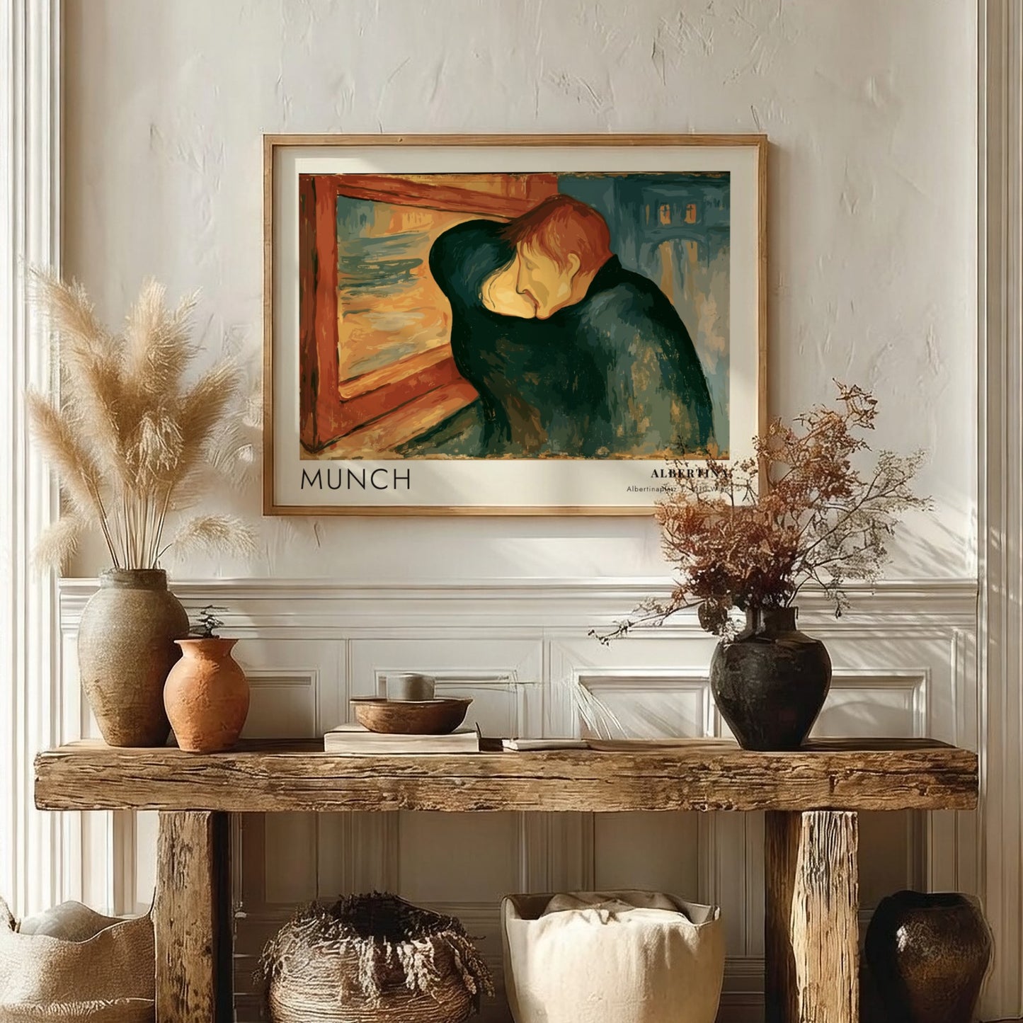 Exhibition poster featuring Edvard Munch's The Kiss in a wooden frame on wall