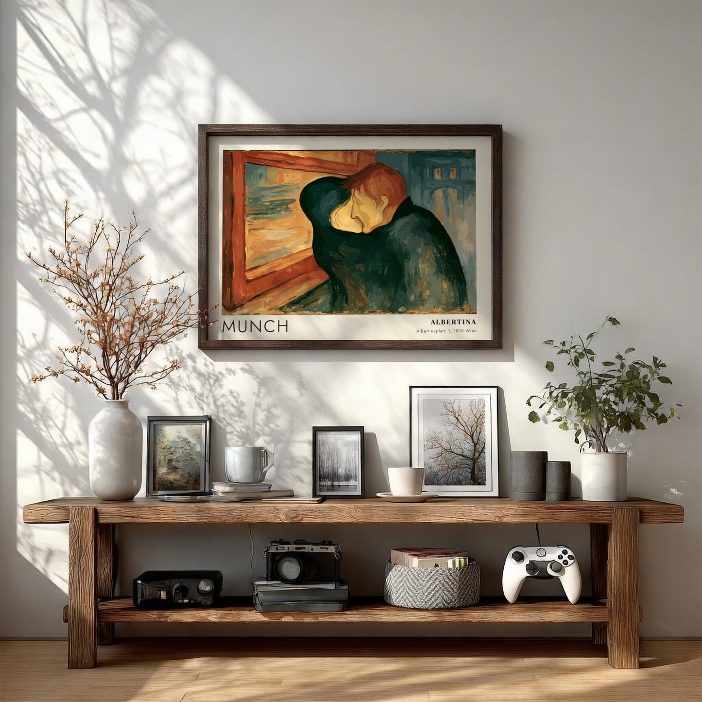 Exhibition poster featuring Edvard Munch's The Kiss in a wooden frame on wall