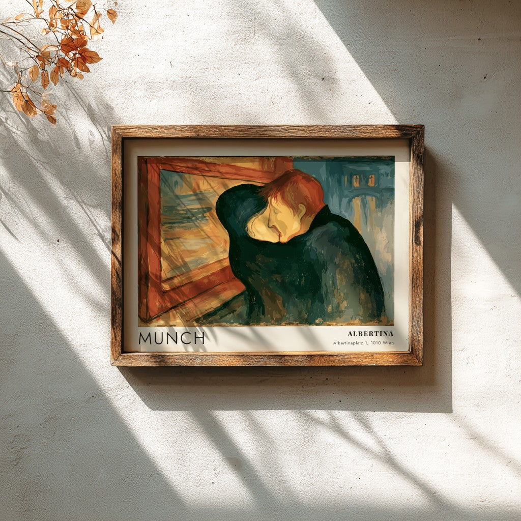 Exhibition poster featuring Edvard Munch's The Kiss in a wooden frame on wall