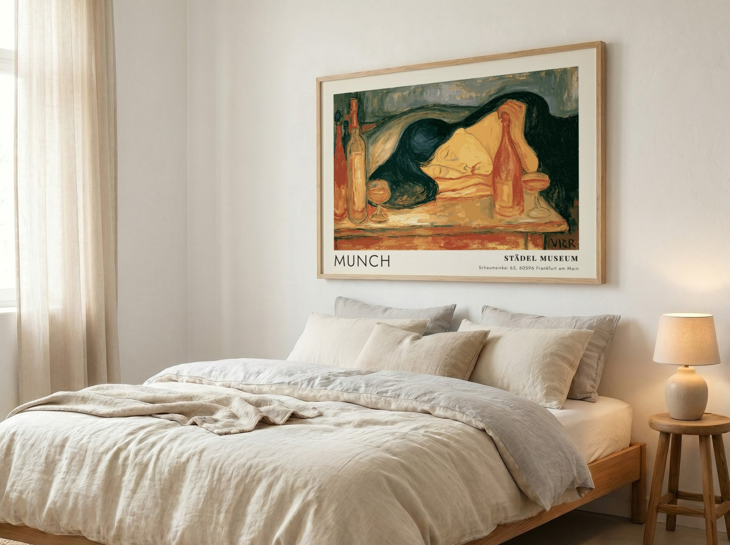 Munch Der Tag Danach exhibition poster with a sleeping woman in warm ochre tones