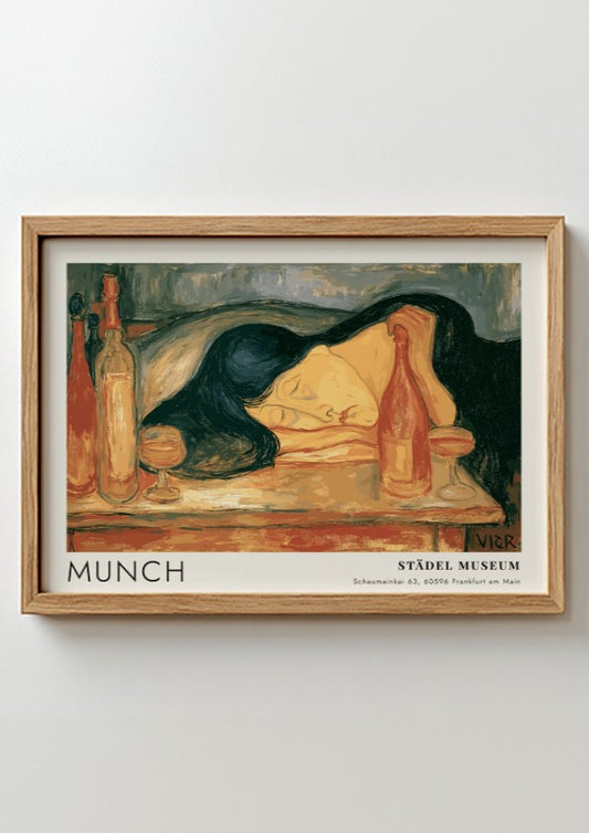 Munch Der Tag Danach exhibition poster with a sleeping woman in warm ochre tones
