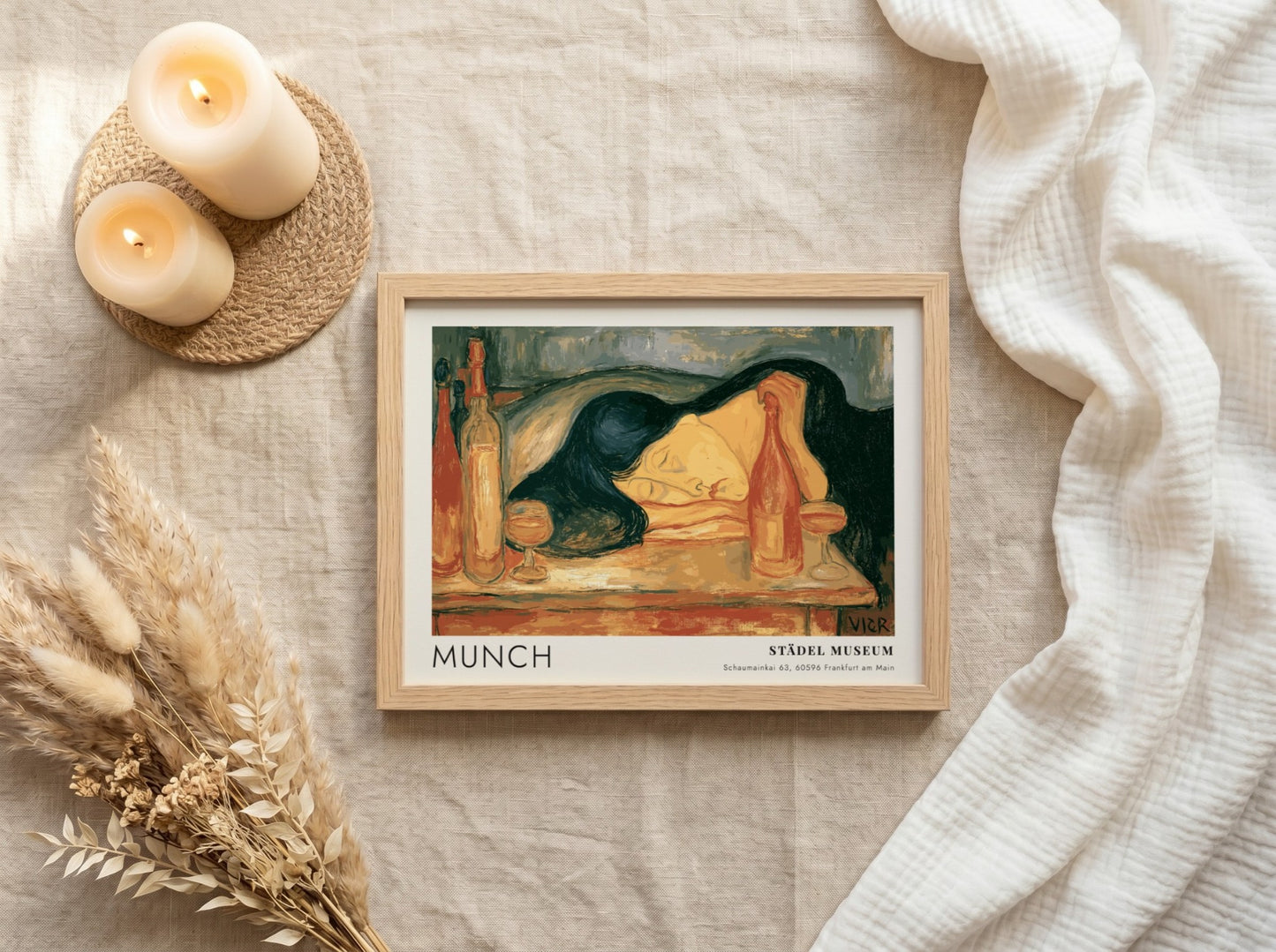 Munch Der Tag Danach exhibition poster with a sleeping woman in warm ochre tones