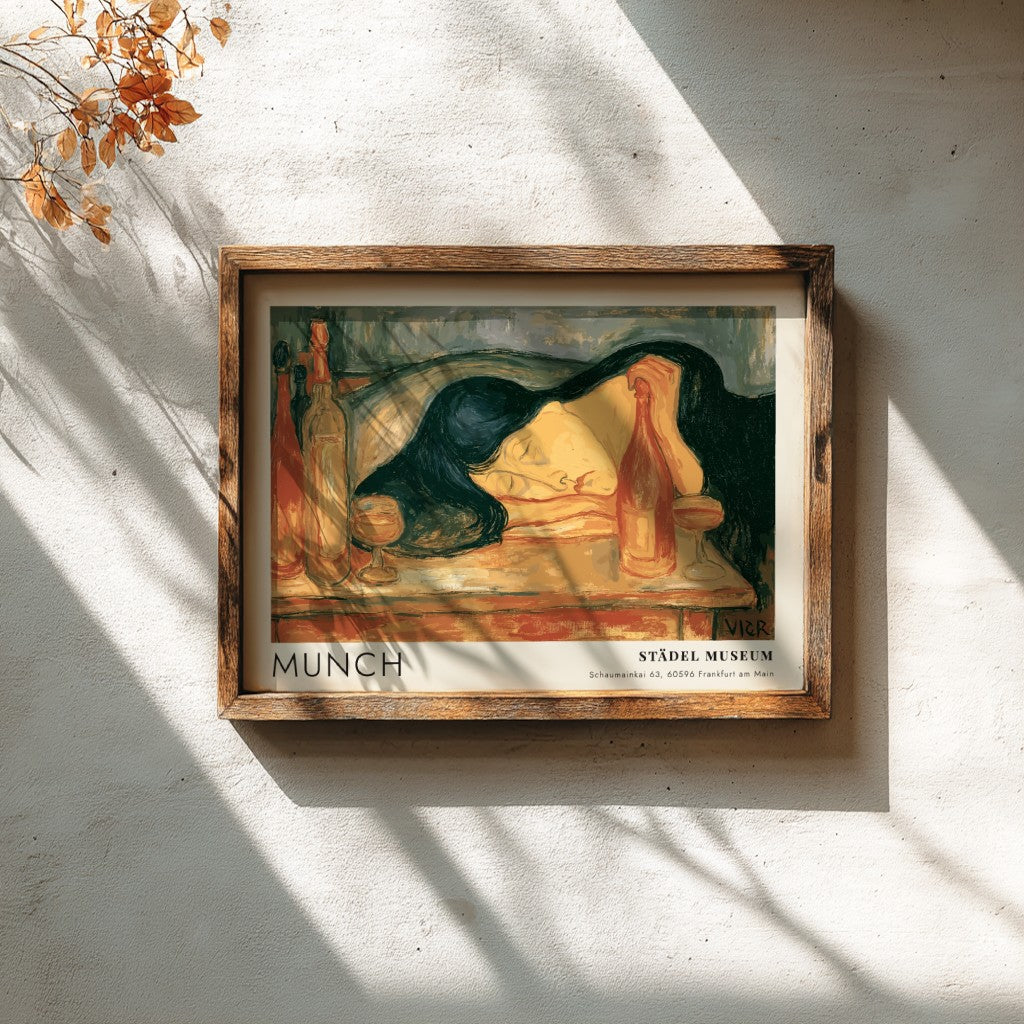 Munch Der Tag Danach exhibition poster with a sleeping woman in warm ochre tones