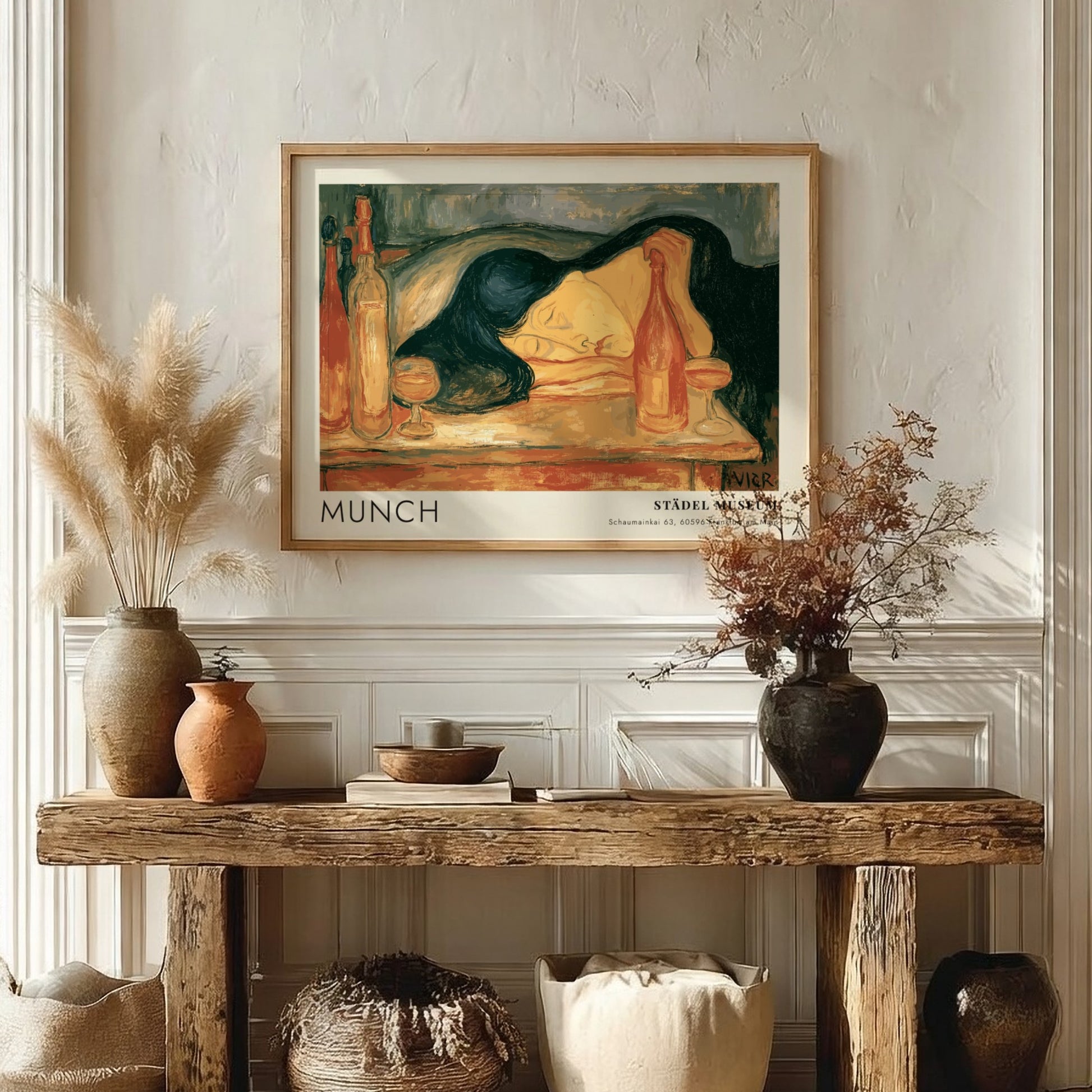 Munch Der Tag Danach exhibition poster with a sleeping woman in warm ochre tones