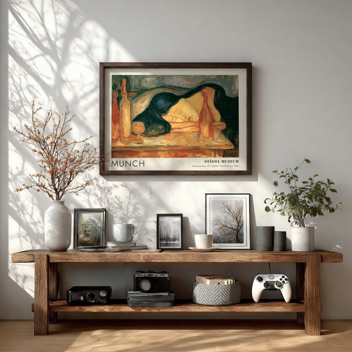 Munch Der Tag Danach exhibition poster with a sleeping woman in warm ochre tones