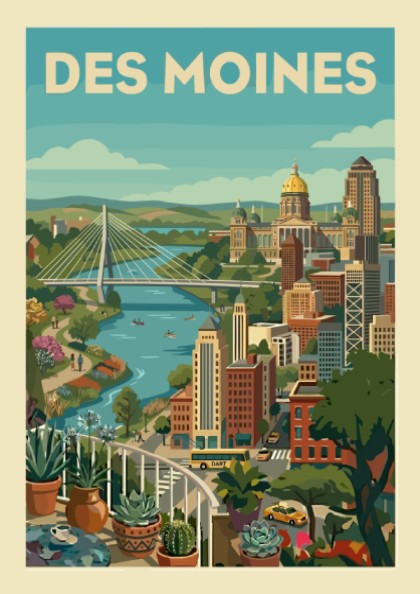 Des Moines cityscape art print with bridge, capitol building, and river in a stylized, colorful illustration.