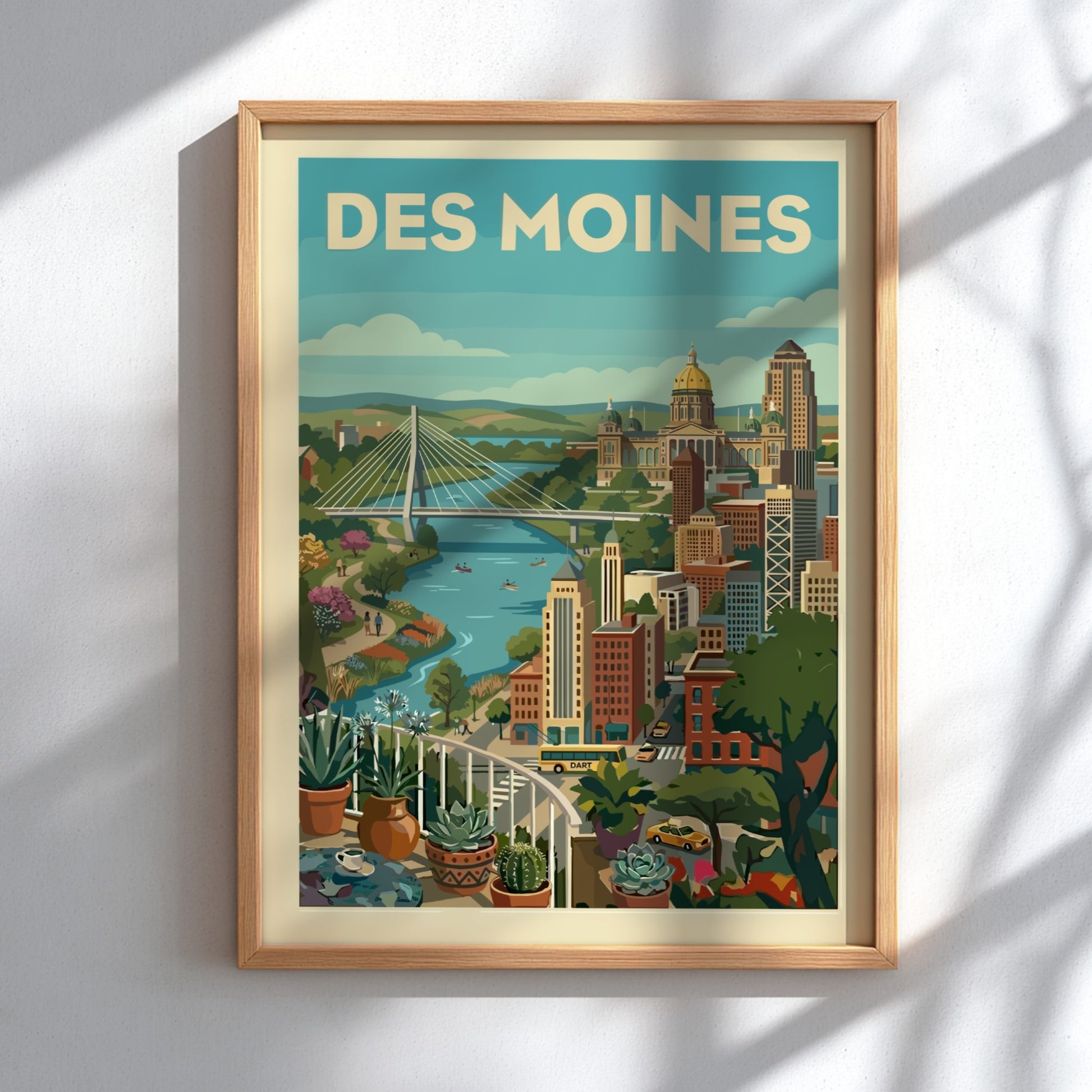 Des Moines cityscape art print with bridge, capitol building, and river in a stylized, colorful illustration.