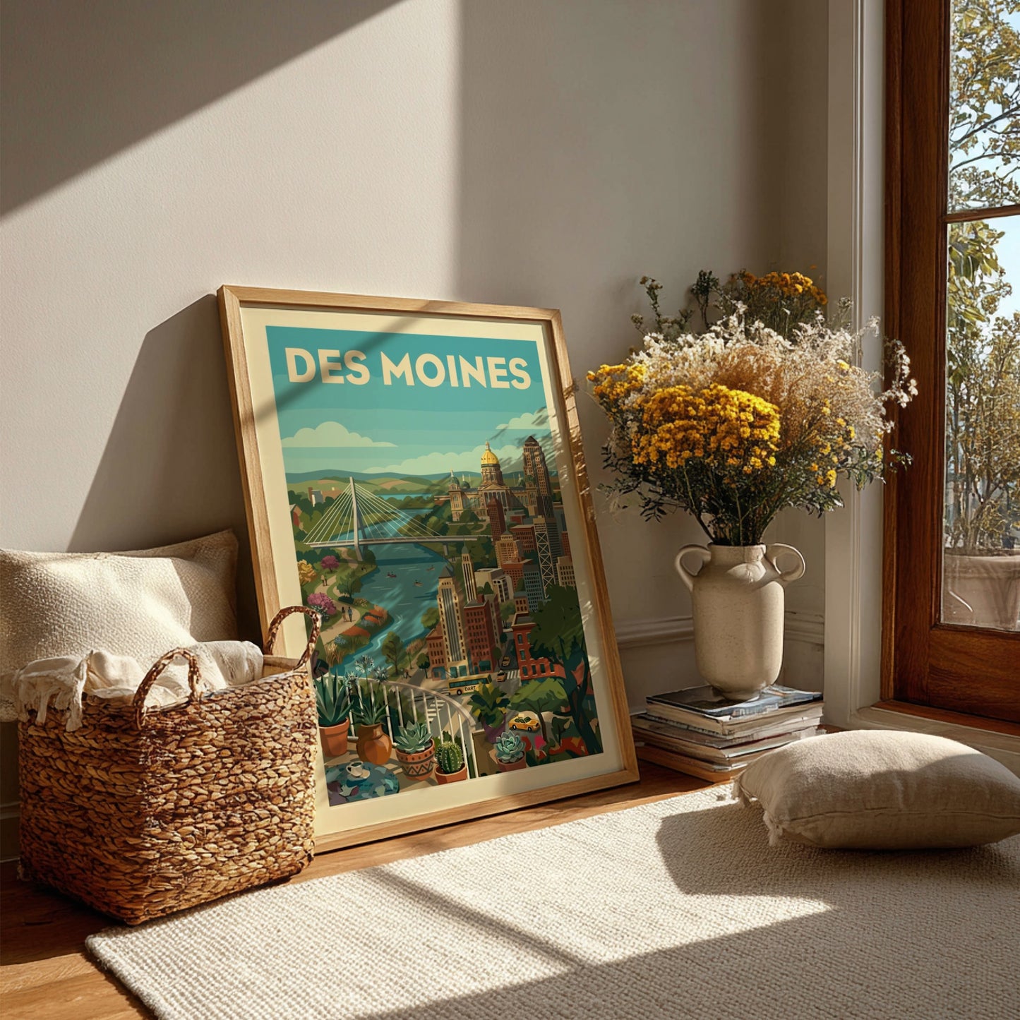 Des Moines cityscape art print with bridge, capitol building, and river in a stylized, colorful illustration.