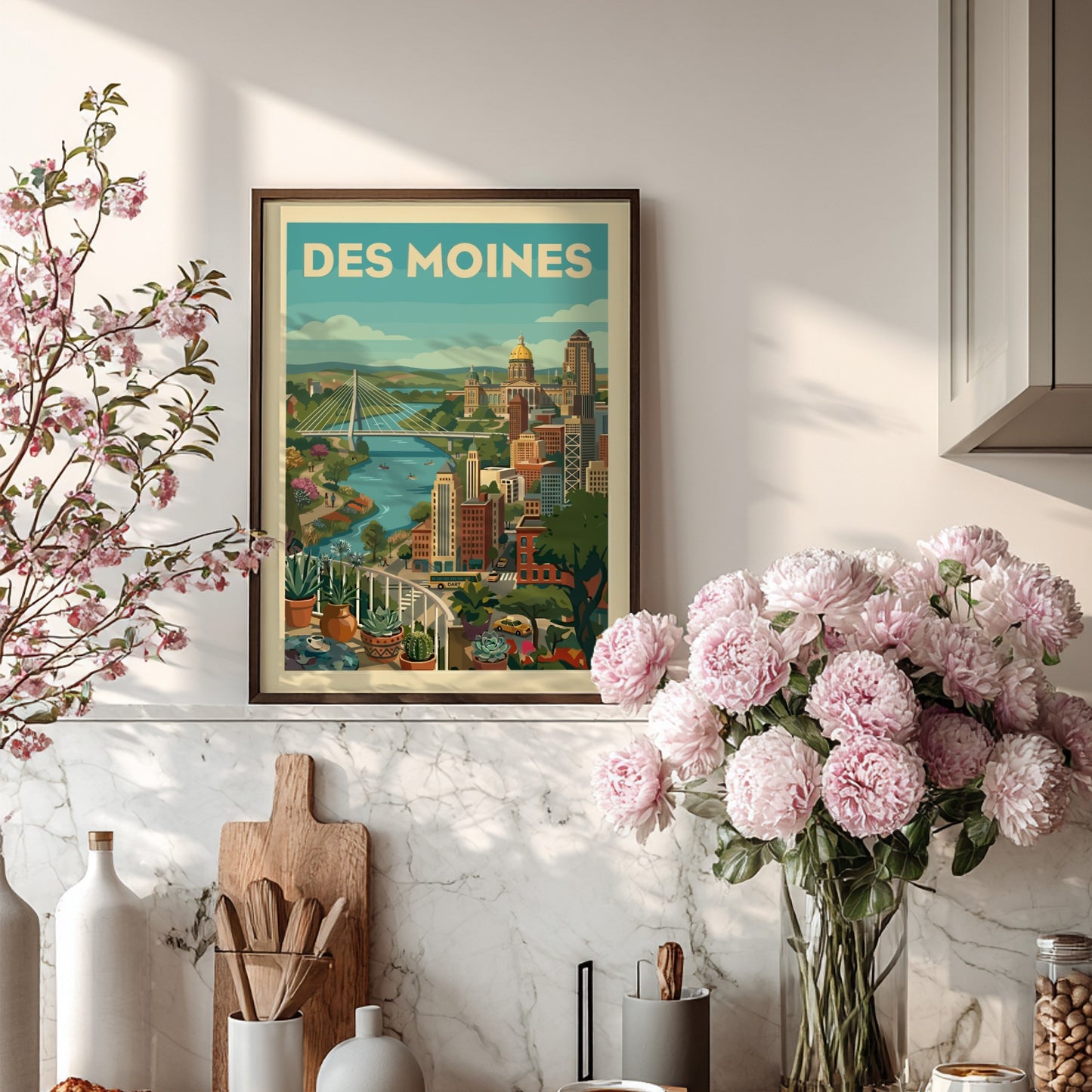 Des Moines cityscape art print with bridge, capitol building, and river in a stylized, colorful illustration.