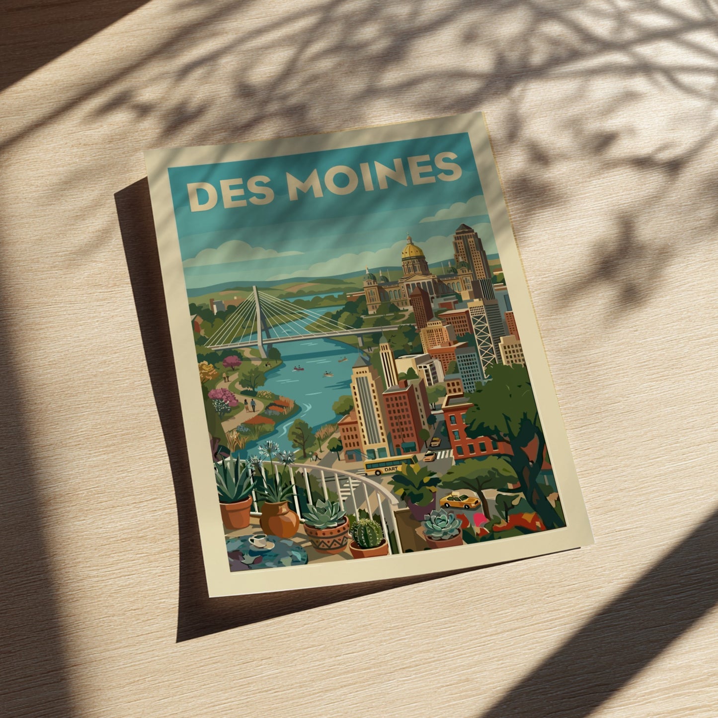Des Moines cityscape art print with bridge, capitol building, and river in a stylized, colorful illustration.