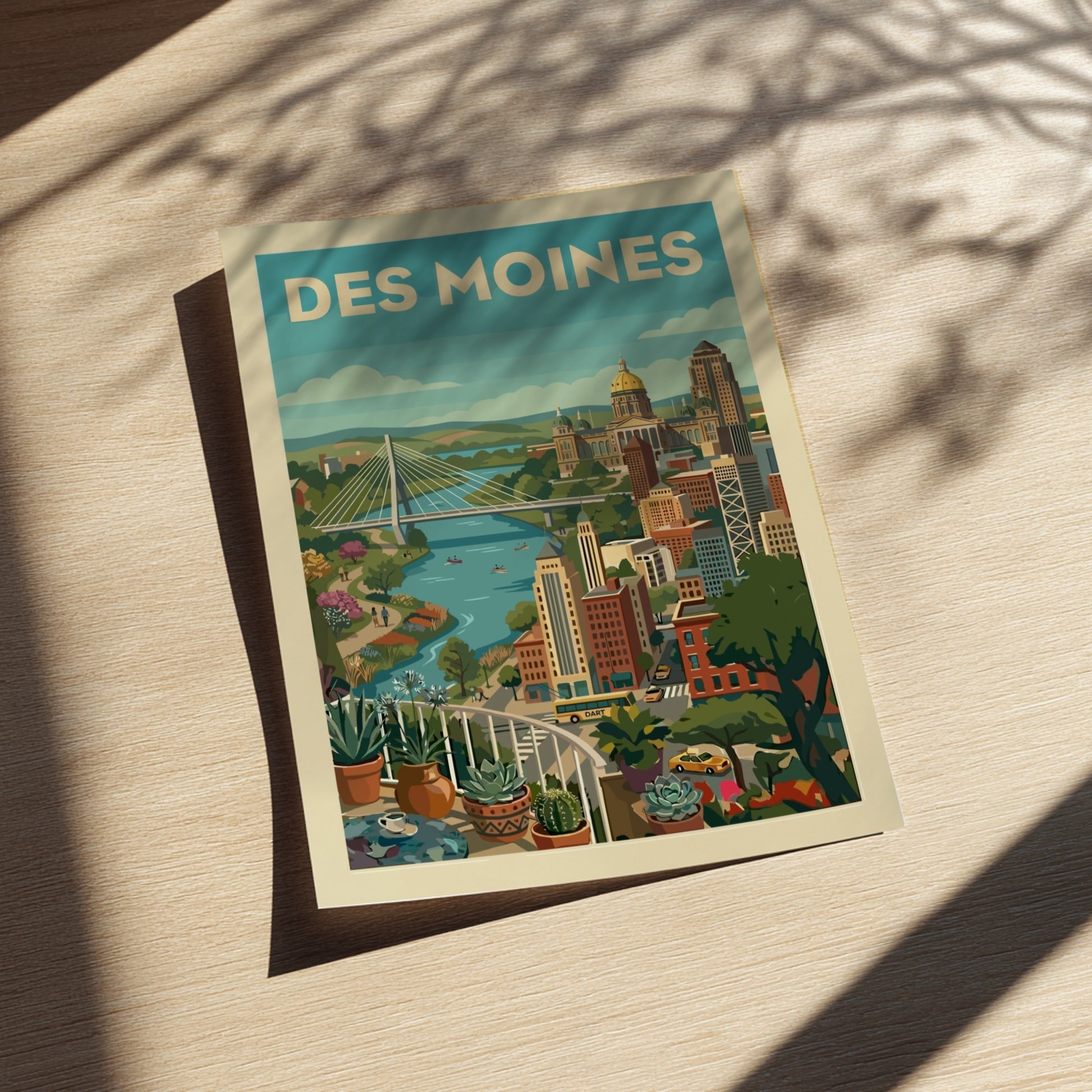 Des Moines cityscape art print with bridge, capitol building, and river in a stylized, colorful illustration.