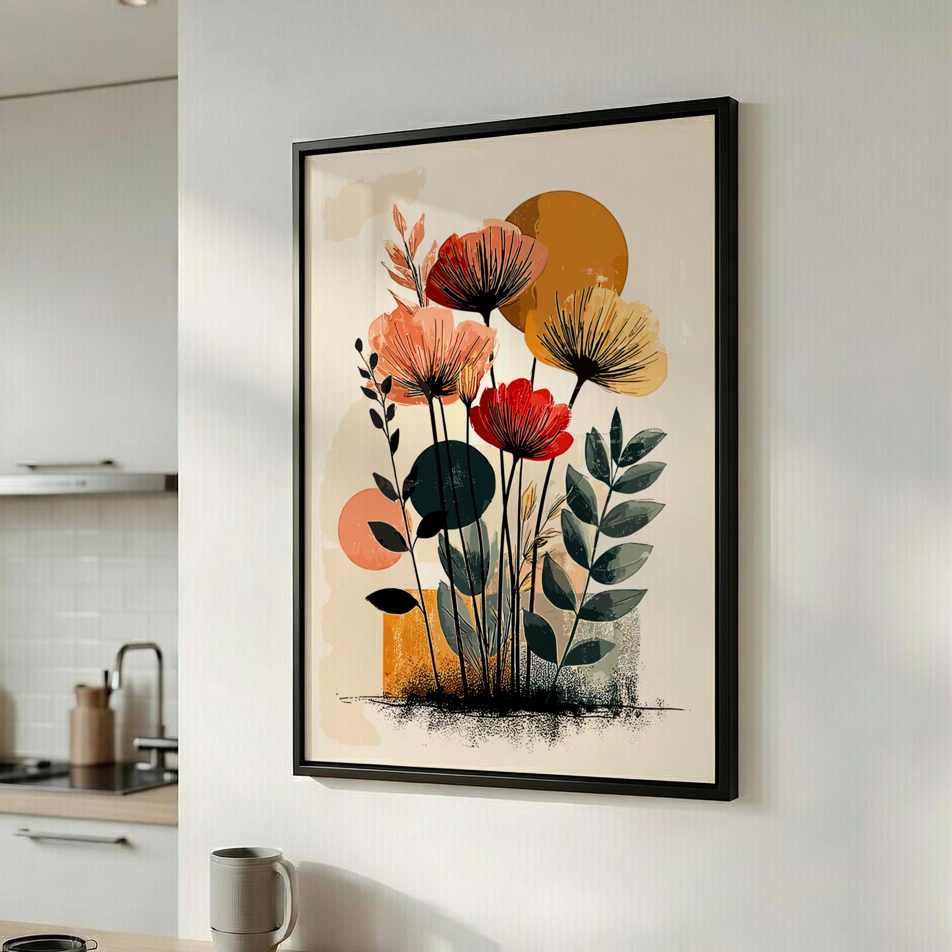 Framed floral artwork on a wall in a kitchen