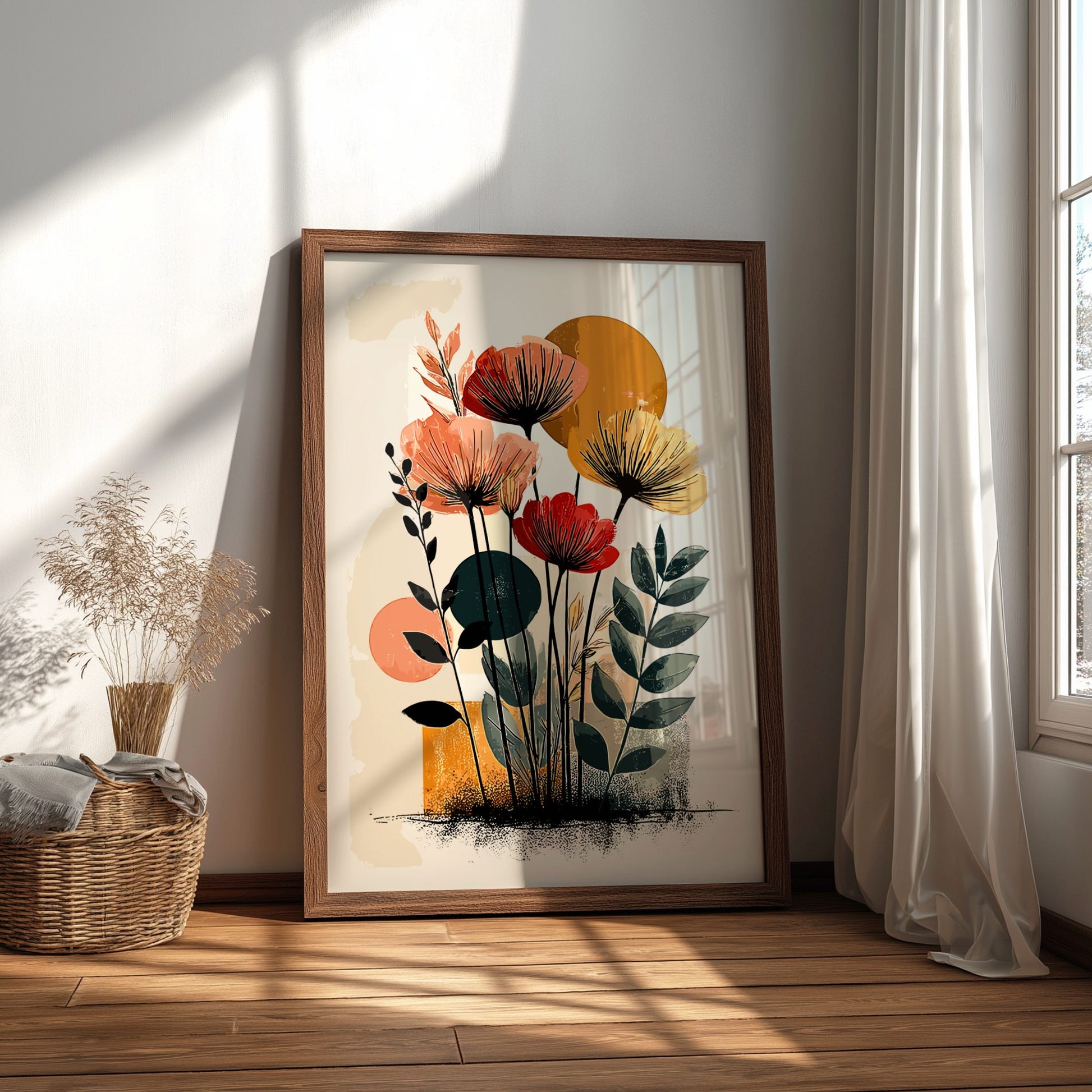Framed floral artwork on a wall with natural light casting shadows.