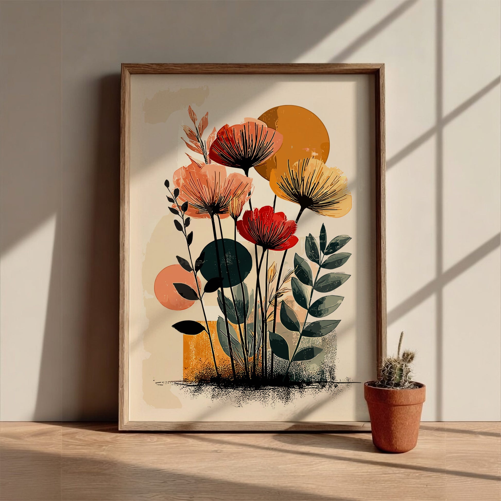 Framed floral artwork on a wall with a potted plant below