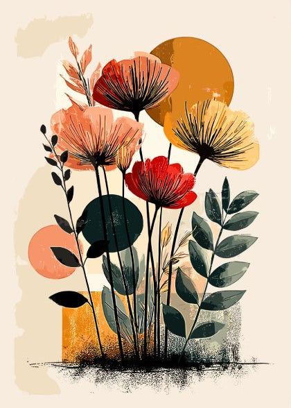 Colorful floral illustration with abstract shapes on a beige background
