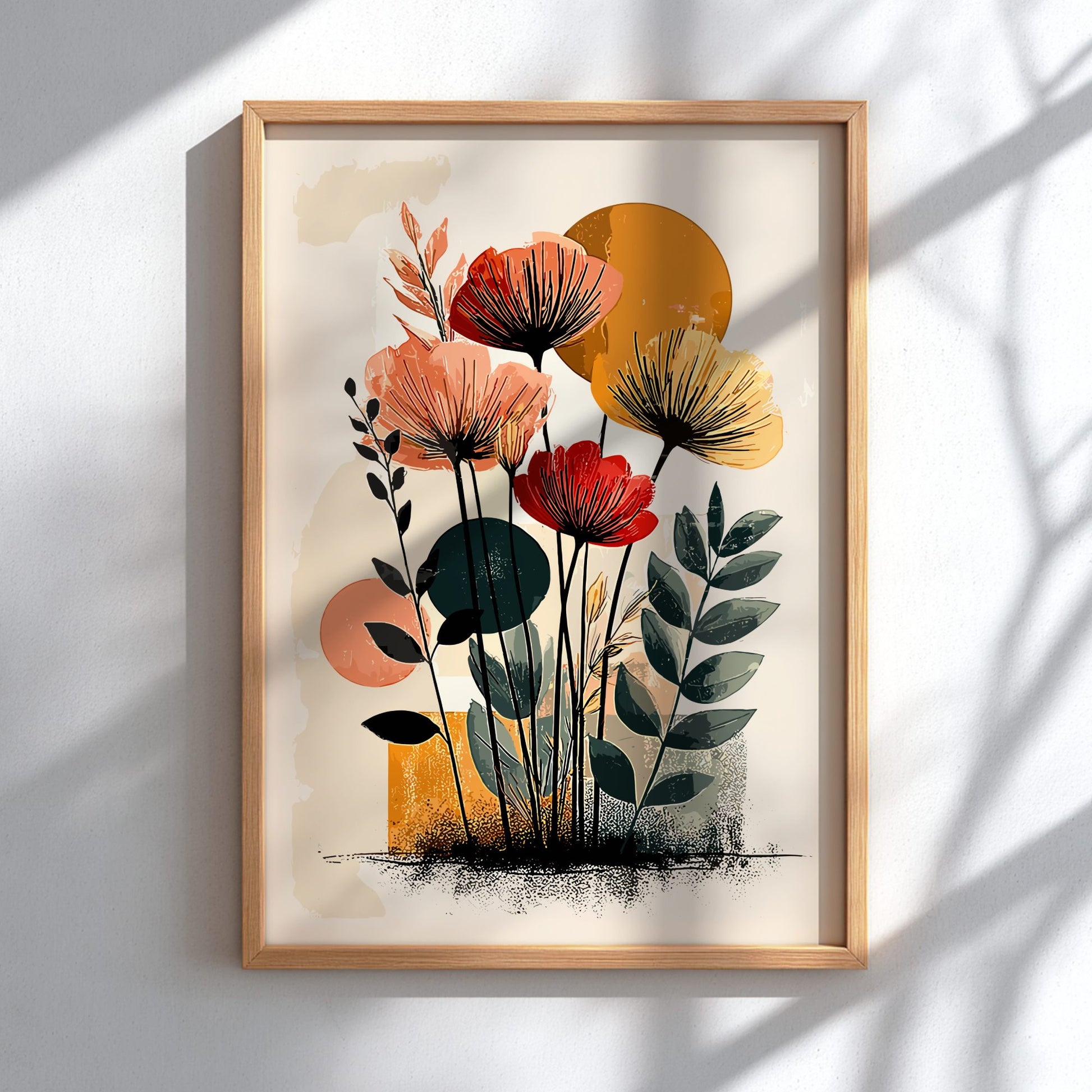 Framed artwork with colorful floral design on a white wall