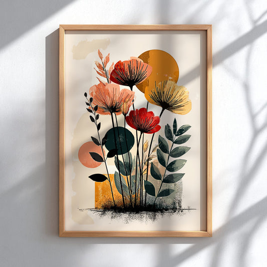 Framed artwork with colorful floral design on a white wall