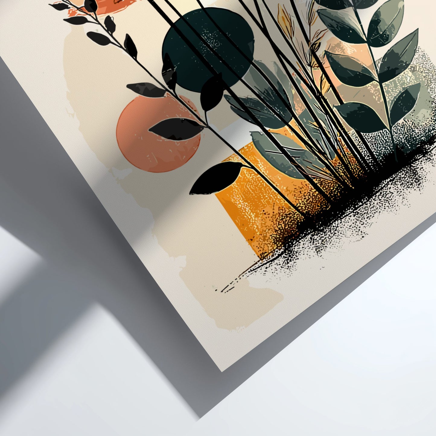 Artistic depiction of leaves and abstract shapes on a textured surface