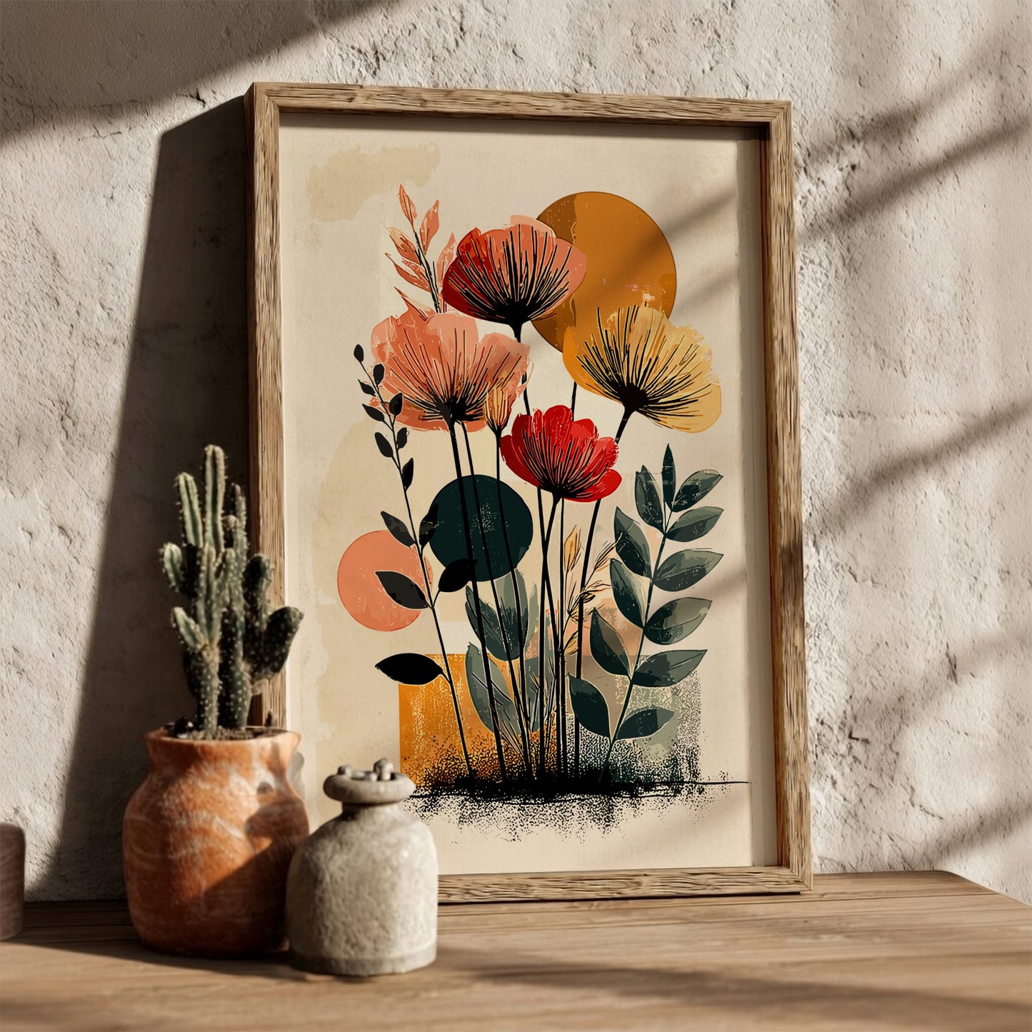 Framed floral artwork on a textured wall with decorative vases below